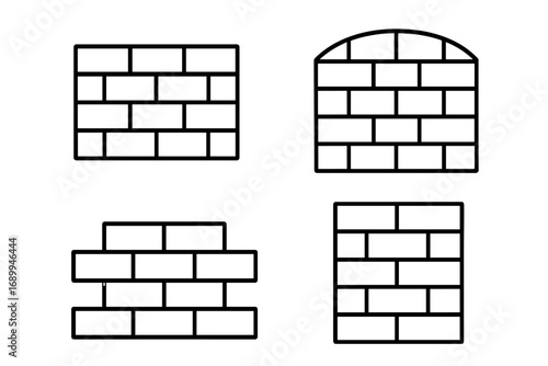 Brick wall icon collection. Simple outline vector set of construction and masonry patterns. Architecture symbols for building design. Editable stroke graphic elements isolated.