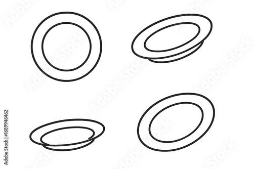 Plate icon set vector line art. Simple outline symbol of dishware for restaurant menu or kitchen concept. Minimalist tableware graphic from different angles. Empty dinner plate.