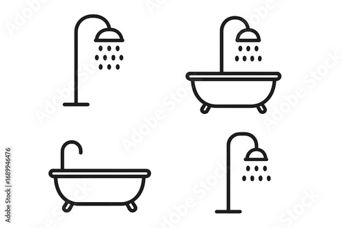 Shower and Bathtub Line Icon Bundle. Outline Bathroom Signs for Graphic and Web Design, User Interface, App Icons, Advertising, Clean Hygiene Concept. Vector Set on Transparent Background