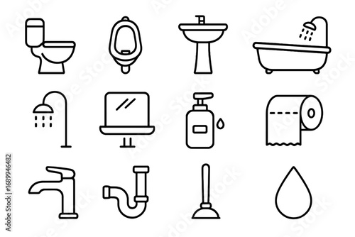 Bathroom and toilet thin line icon set. Vector collection of outline pictograms. Restroom, washroom, and plumbing symbols for web design, apps, and infographics.
