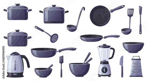 A detailed illustration of various kitchen utensils and cookware, featuring pots, pans, ladles, spatulas, bowls, a blender, an electric kettle, and a grater.