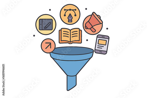 Isolated funnel icon with graphic design, book, advertising and mobile app elements, vector cartoon illustration with transparent background, marketing, digital media concept