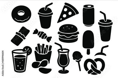 Fast food silhouette icons set. Junk food and drink vector illustrations. Burger, pizza, fries, soda, donut and sweets. Unhealthy eating concept. Snack and beverage glyphs.