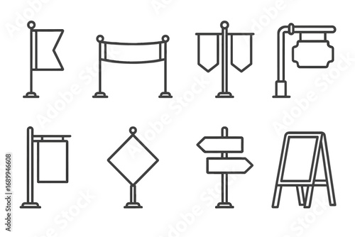 Signpost and banner line icon collection. Flag, advertising stand, street sign, and signboard symbols. Vector direction guidepost, billboard, and pennant for web and apps.