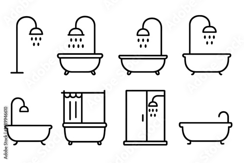 Shower and Bathtub Line Icons Set. Outline Bathroom Symbols for Web Design, App Interfaces, Advertisements, Cards. Vector Cartoon Illustrations with Modern Transparent Background Elements