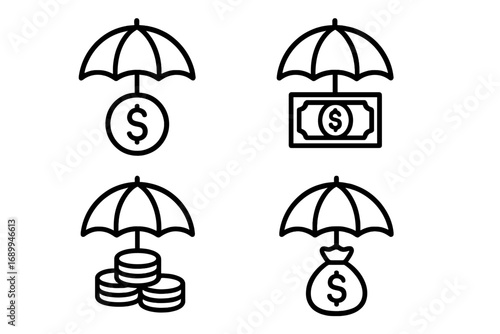 Set of money insurance related line icons with protective umbrella, financial security symbols, dollar coin, banknote, coin stacks, and money bag design for apps, web, ads, cards, vector illustration
