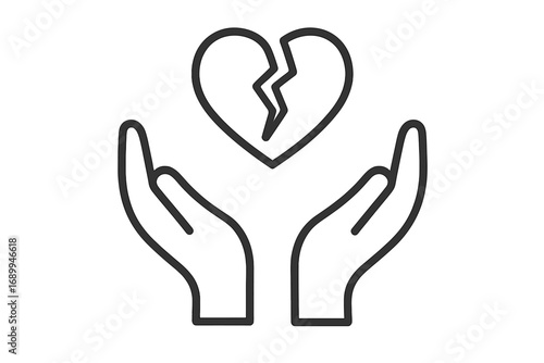 Broken heart in hands line icon. Metaphor for heartbreak, divorce, breakup, sadness. Concept relationship problem, depression, grief, loss. Vector symbol for mental health.