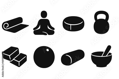 Vector icon set for yoga, meditation, wellness. Black silhouette fitness equipment. Includes mat, blocks, cushion, kettlebell, foam roller. Minimalist design for gym, pilates, spa.