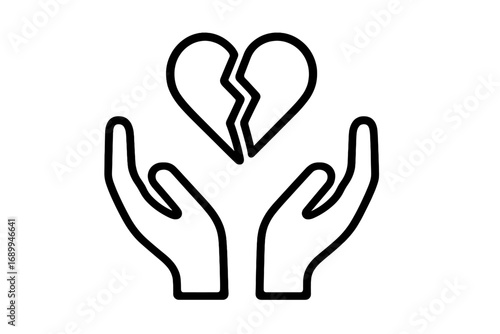 Broken heart in hands icon. Metaphor for divorce, relationship crisis or pain. Concept of support, help, compassion and healing. Psychology, mental health symbol. Vector logo.