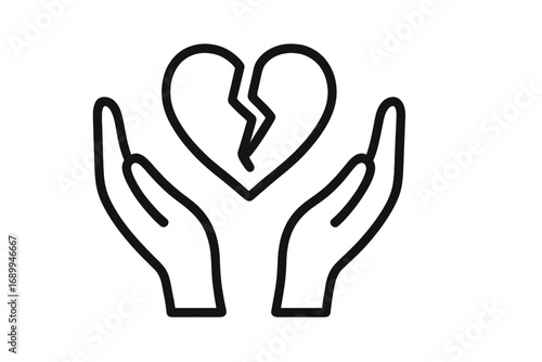 Hands holding broken heart line icon. Metaphor for heartbreak, divorce, relationship problem. Concept of sadness, loneliness, grief. Mental health and psychology symbol.