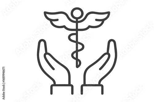 Caduceus medical symbol in hands. Health care and medicine concept. Linear icon for medical services, insurance, and doctor. Vector illustration for web, app design. Symbol of care.