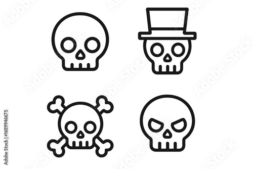 Modern Cartoon Skull Icons Collection. Outline Style Skeleton Heads for Graphic Design, Cards, Apps, Social Media. Trendy Transparent Background Vector. Decorative Tattoo Ordered Set