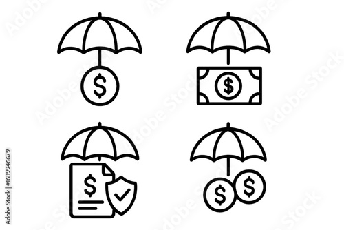 Set of Money Insurance Icons, Financial Security Line Art, Protected Currency Symbols Under Umbrella, Safe Finance Vector, Risk Management Concept for Business, Apps, Web Designs