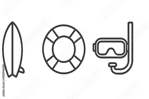 Water sports line icon set with surfboard, lifebuoy, and diving mask with snorkel. Summer vacation, beach, and ocean travel concept. Minimal linear vector pictograms.