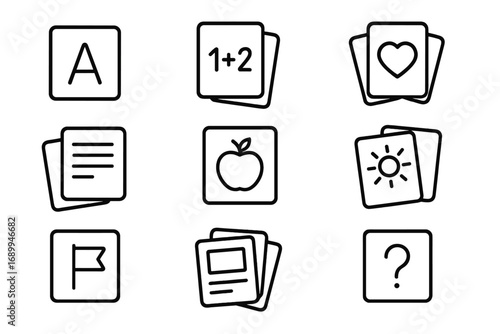 Flash card line icon set for education and learning. Outline symbols for alphabet, math, reading. Vector icons for school, web design, apps, and infographics. Simple minimal style.