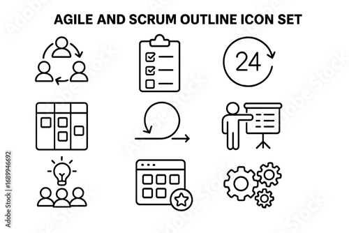 Agile and scrum project management line icon set. Thin line vector icons for workflow, kanban board, sprint planning, teamwork, development, and business process. Isolated.