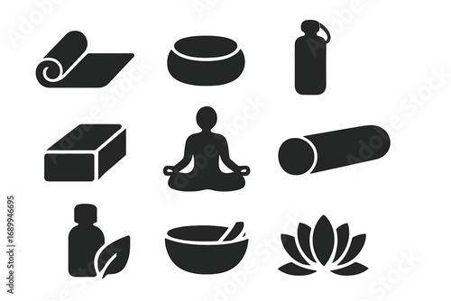 Yoga and meditation icon set. Health and wellness symbols. Vector silhouette collection for fitness, relaxation, mindfulness, spirituality. Mat, block, lotus, essential oil, zen items.