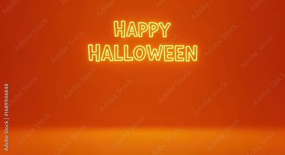 Fototapeta premium Happy Halloween neon sign glowing brightly against an orange studio backdrop for seasonal greetings