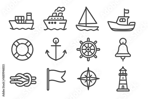 Nautical line icon set. Sea and ocean travel symbols. Vector collection of ship, boat, anchor, lighthouse, helm, and compass icons for web design, apps, and infographics.