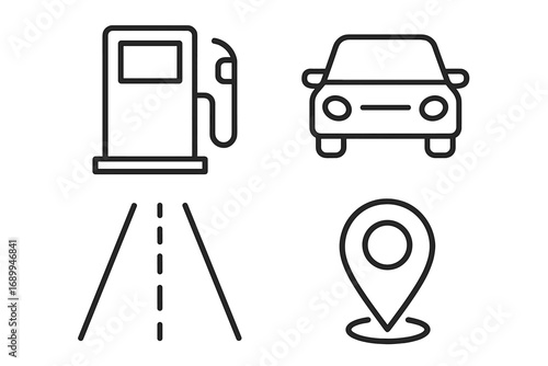 Car travel and navigation icon set. Gas station, automobile, road and map pin location marker. Vector line icons for transport, journey, route, destination and GPS apps.