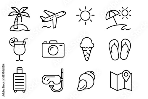 Beach vacation linear icon set. Tropical travel and summer holiday outline symbols. Vector illustration collection includes palm tree, airplane, sun, umbrella, cocktail, and camera.