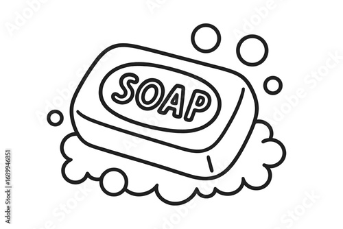 Soap bar with foam and bubbles vector line icon. Hygiene and cleaning concept. Hand washing illustration for skincare, cosmetics, and body care. Doodle cartoon style outline.