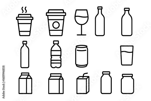 Beverage and packaging line icon set. Simple outline collection. Coffee cup, wine glass, bottle, can, juice box, carton. Minimalist vector for menu, cafe, bar, ui, app.