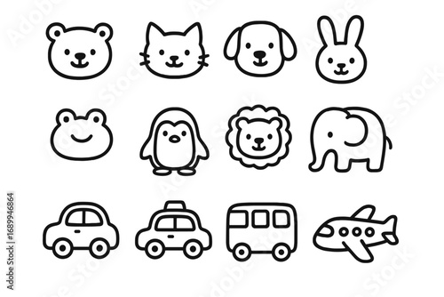 Animal vehicle outline icon set. Cute doodle line collection. Vector cartoon illustration for kids. Includes cat, dog, bear, elephant, frog, lion, car, taxi, bus, airplane.
