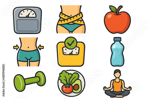Health and fitness icon set. Vector cartoon symbols for weight loss, wellness, diet, and a healthy lifestyle. Scale, measuring tape, slim waist, dumbbell, yoga, and food.