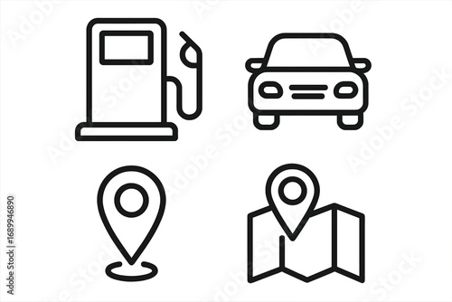 Car travel and navigation icon set. Gas pump, automobile, and location pin symbols. GPS route and destination concept. Vector thin line art pictogram collection for website and apps.