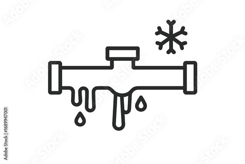 Frozen pipe line icon. Burst pipeline with ice and water drop leak. Winter plumbing problem concept. Cold weather damage symbol. Emergency repair vector illustration.
