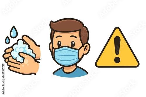 Hygiene practices vector icon set. Hand washing with soap, person wearing a medical face mask, and a yellow warning safety sign. Health protection and disease prevention.