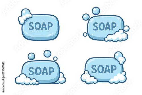 Set of soap bar icons with foam and bubbles. Vector cartoon illustration for hygiene and cleaning concepts. Personal care, washing hands, cleanliness, and sanitation symbol.
