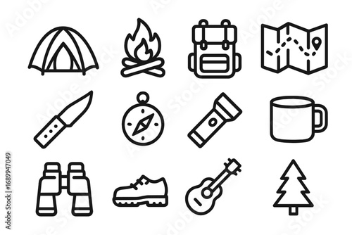 Camping essentials icon set. Outdoor adventure and hiking equipment. Minimalist line art vector. Tent, campfire, backpack, map, compass, knife, binoculars, survival gear.