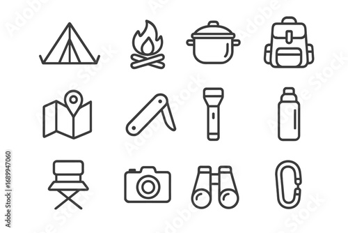 Camping essentials icon set. Outdoor adventure and hiking equipment line art. Minimalist vector collection of tent, campfire, backpack, map, knife, flashlight, and camera.