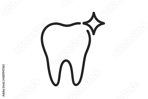 Healthy clean tooth with sparkle icon. Dental care, oral hygiene concept. Dentistry, stomatology symbol. Tooth whitening, enamel protection. Vector line art logo design.