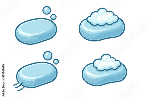 Soap bar vector icon set. Cartoon illustration concept for hygiene, cleanliness, and washing. Isolated graphic element with bubbles and lather for personal care, skincare, and apps.