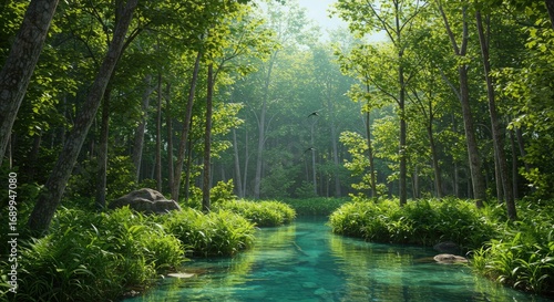 Serene Forest Stream with Lush Greenery and Flying Birds
