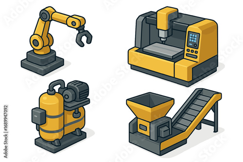 Industrial equipment set in isometric vector style. Factory automation machinery collection with robotic arm, CNC machine, compressor, and conveyor belt for manufacturing concept.