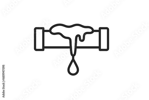 Frozen pipe icon. Leaking water pipe with ice and drip. Concept of plumbing problems, burst pipes, winter damage, and cold weather issues. Thin line vector illustration.