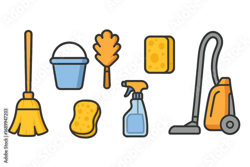 Cleaning tool icons set. Vector cartoon illustration of broom, bucket, duster, sponge, spray, vacuum cleaner. Household supplies for domestic chores, housekeeping service.