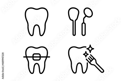 Simple linear icon of tooth, dentistry tools, braces, and tooth cleaning. Minimalistic dental care pictogram for web, graphic design, apps, banners, social media, and cards. Vector illustration.