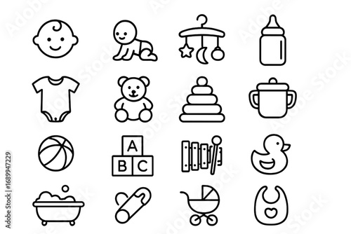 Baby care line icon set. Newborn and toddler essentials. Vector symbols of toys, feeding, clothes, and nursery items. Simple outline illustration for child development.