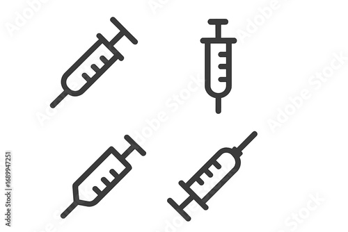 Syringe injection vector icon set. Minimalistic linear sign for medicine, health, vaccination concepts. Medical needle treatment illustration for web, apps, graphic design.