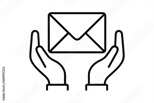 Hands holding envelope line icon. Mail delivery, receiving or sending letter. Communication, correspondence concept. Contact us outline vector pictogram for web, app, ui, ux.