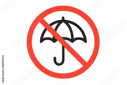 No umbrellas allowed sign. Umbrella prohibited icon for public places. Simple flat vector pictogram for web, apps, banners, and social media. Warning, danger, restriction symbol.