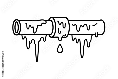 Frozen pipe outline icon. Leaking water pipe with icicles. Vector cartoon of plumbing problem, winter damage, burst pipe repair concept. Frost, cold, drip, melt illustration.