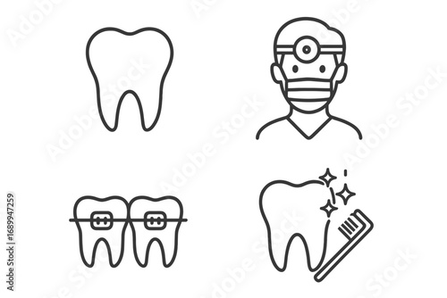 Simple Linear Icon of Tooth, Dentistry, Braces, and Cleaning. Minimalistic Dental Pictogram for Web, Graphic Design, Apps, Banners, Social Media, and Cards. Vector Illustration