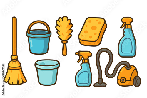 Cleaning tools and household equipment icon set. Vector cartoon illustration of domestic chores supplies like broom, bucket, sponge, spray bottle, and vacuum cleaner.