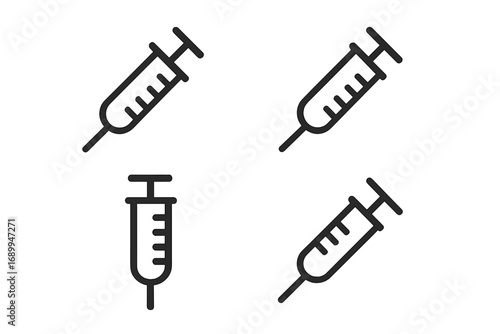 Simple syringe icon set. Minimalistic linear vector signs for vaccination, injection, and healthcare. Outline medical symbols for vaccine, dose, drug, and web design concepts.